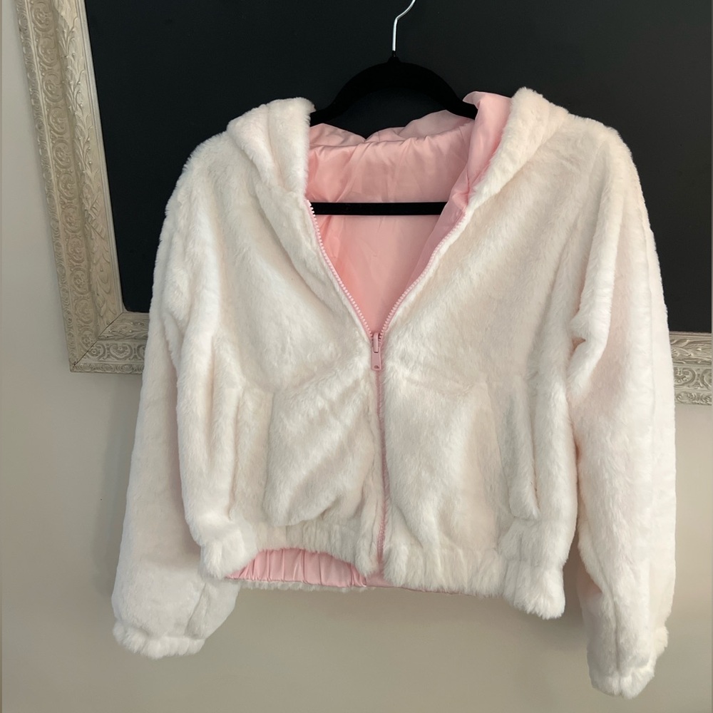 Reversible Pink & White Faux Fur Bomber Jacket – Size Small